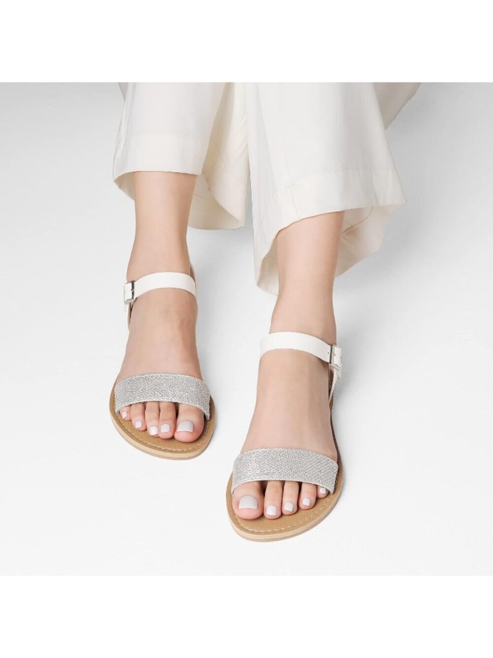 Women's Silver Glitter Ankle Strap Flat Open Toe One Band Buckle Summer Sandal - Picture 5 of 5